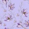Lilac mauve seamless pattern with flowers and twigs. Tender delicate vector endless texture.