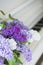 Lilac on piano close-up. White piano. Lilac bouquet several colors over Syringa vulgaris. Lilac flowers