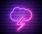 Lilac pink neon sign on brick wall Storm cloud with rain and lightning. Thunderstorm illustration