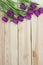 Lilac tulips on planked wooden background from above, holiday de