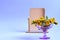 Lilac vase with a bouquet of dandelions on the background of the mirror, side view, space for text