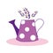Lilac vase in the form of a watering can, with a pattern with white polka dots, with painted sprigs of lavender