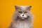 lilac white british longhair cat with yellow eyes portrait on yellow background