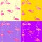 Lilac and yellow fashion wallpaper with cute pink flamingo