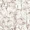 Lilies flowers seamless pattern texture. Brown sepia outline on beige background.