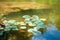 Lilly pods floating over large boulders in a pond