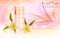 Lily perfume cosmetics vector illustration, realistic aroma perfume spray bottle and natural lily flowers, skincare