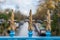 Lily shaped wrought iron fence on a bridge on the Regent`s Canal