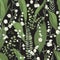 Lily of the valley with fern seamless pattern. Hand drawn texture with flowers, buds, leaves and stems. Colorful vector