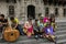 LIMA, PERU - NOVEMBER 04, 2015: Peruvians in national costumes on the steps the Basilica Cathedral in Lima, Peru