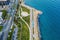 Limassol, Cyprus, aerial view at promenade or embankment. Famous Limassol walking alley with palms in resort town, drone