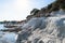 Limassol, Cyprus - Oct 10. 2019 People in Governor beach with white limestone cliffs