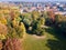 Limbiate, aerial view, the parish of St. George, the church, homes and streets downtown streets. Italy