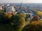 Limbiate, aerial view, the parish of St. George, the church, homes and streets downtown streets. Italy