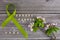 Lime green ribbon. Mental health awareness month concept mental health letters on old aged wooden background with