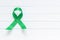 Lime Green Ribbon on white wooden background, world Mental health day.