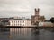Limerick City District Court building and St Mary`s Cathedral. Ireland. Reflection in river Shannon. Popular town landmark and