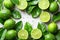 Limes and Lime Leaves With Water Droplets. Generative AI.