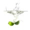 Limes splash on water, isolated on white background.