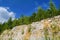 Limestone cliffs overgrown with forest against a blue summer sky