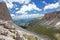 Limestone pillars and rock formations above Val de Chedul viewed from Cir mountains in Puez Odle Natural Park, Val Gardena