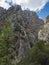 Limestone rock face of Gola Su Gorropu gorge with green bush and trees. Famous tourist hiking destination at Supramonte