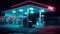 Liminal 70s style gas station in night with neon lit. Generative AI