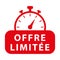 Limited offer in french. Red vector icon with chronometer.