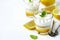 Limoncello - italian Dessert.  Lemon Cheesecake Mousse with Whipped Cream in cups. Summer dessert