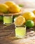 Limoncello, Italian liqueur with lemons. Traditional Mediterranean sweet shot alcoholic drink close up