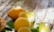 Limoncello, Italian liqueur with lemons. Traditional Mediterranean sweet shot alcoholic drink close up