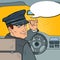 Limousine Driver in Uniform. Chauffeur Saluting Passenger. Pop Art illustration