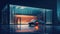 A limousine parked in front of an office building at night.AI generated