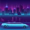 Limousine vector in front of night city urban landscape, luxury metropolis.