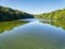 Linacre Lower Reservoir in Derbyshire under a blue sky