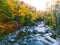 Lincoln Woods trail in Franconia Notch in Autumn season by drone aerial