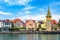 Lindau town in Bavaria, Germany. Colorful houses on coast of Lake Constance Bodensee in summer