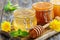 Linden and buckwheat honey in glass jars.