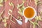 Linden tea in a cup on a wooden background.