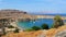 Lindos Beach bay panorama with turquoise clear water Rhodes Greece