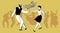 Lindy Hop Party. Young hipster couple dancing swing. Cartoon sty