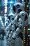 Line of advanced humanoid robots in a high-tech facility.