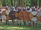 Line of ancient Russian warriors at the festival of historical reconstruction Gnezdovo
