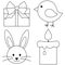 Line art black and white easter icon set chicken chick bunny face candle, gift box.