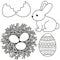 Line art black and white easter icon set egg shell bunny chicken nest icon set.