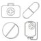 Line art black and white first aid kit content set