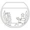 Line art black and white round fish aquarium