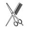 Line art black and white scissors and comb