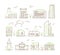 Line art buildings. Urban living houses and villa home exterior suburban vector colored icon collection