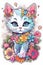 Line art of a cute kitten with splash art flowers surrounded, stunning, whimsical, animal creatures, fantasy, dreamy, design